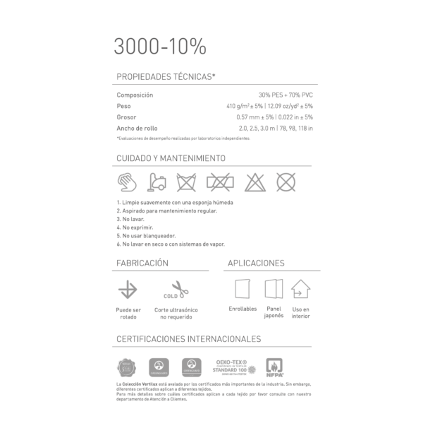 ficha tecnica de las persianas screen enrollables 3000-10% vertilux con medidas por rollo, peso por m2 y certificaciones del tejido