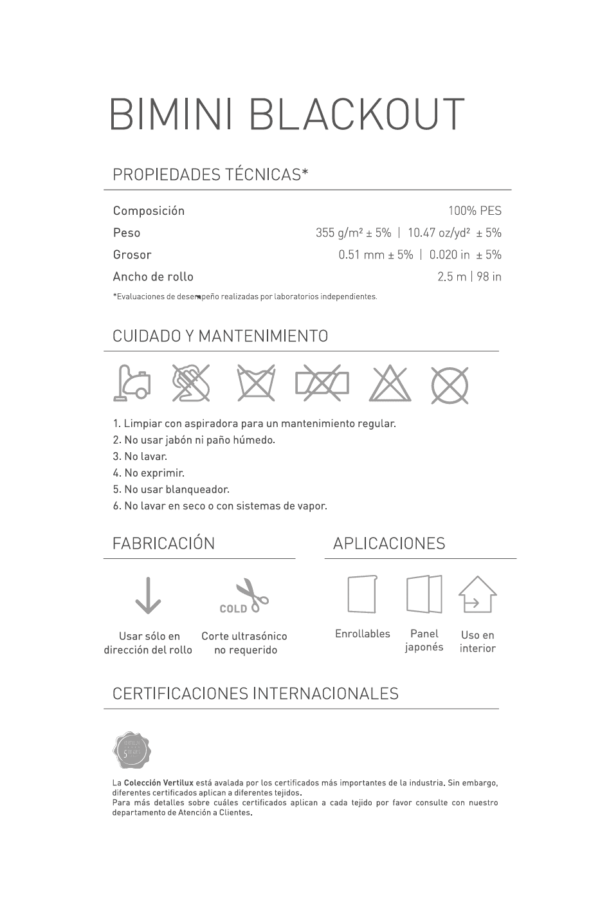 Bimini BO Ficha Técnica Persiana Blackout Enrollable Bimini Vertilux