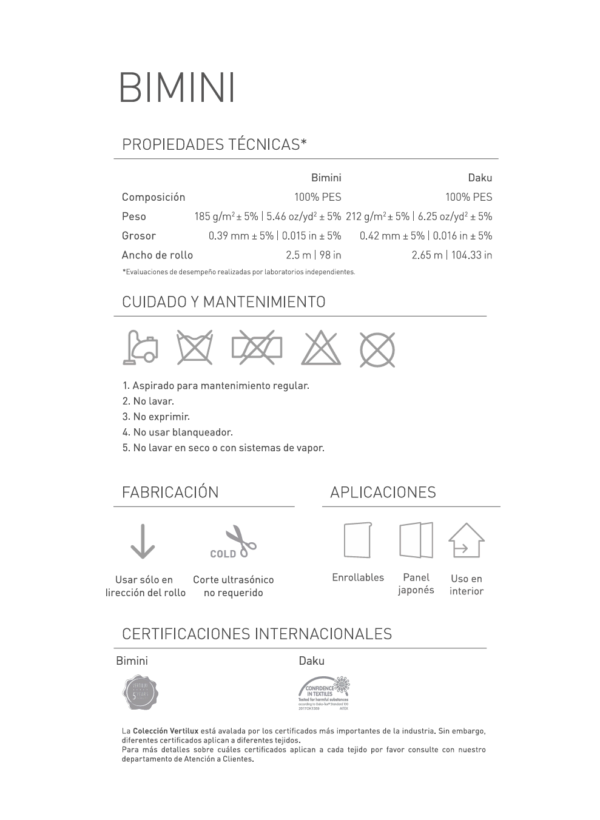 ficha tecnica de la persiana semi traslucida bimini de vertilux con medidas, peso, grosor de rollo y certificaciones internacionales del tejido