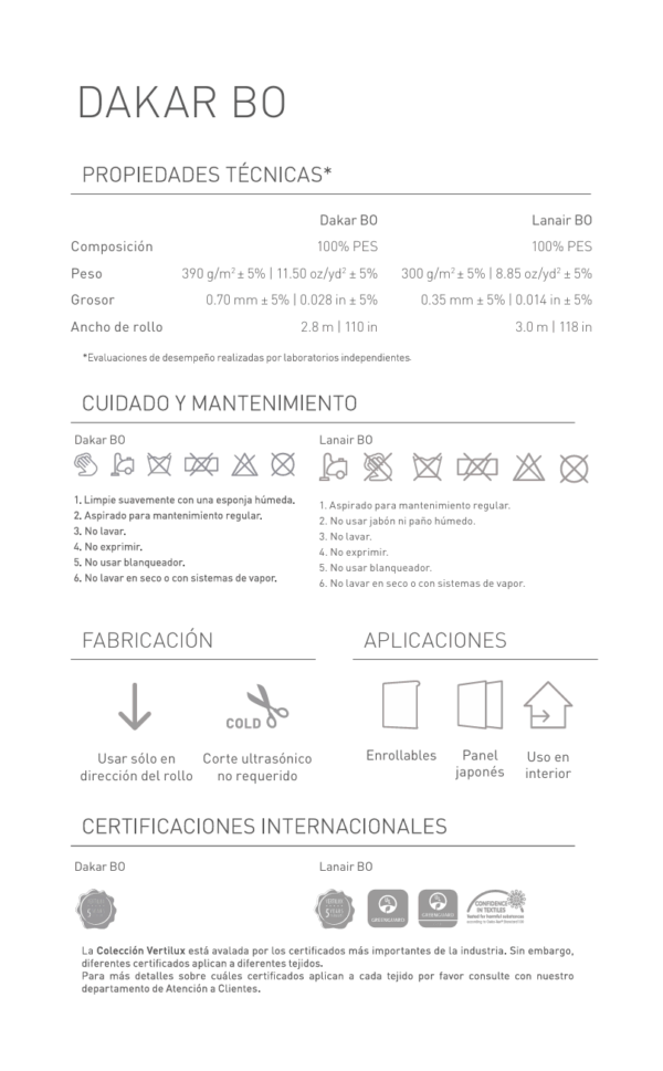 ficha tecnica de la persiana blackout enrollable dakar vertilux con ancho de rollo, composición, peso, grosor y certificaciones