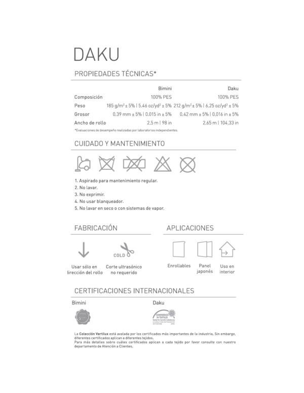 ficha tecnica de las persianas semi traslucidas daku vertilux con medidas, peso, ancho de rollo y certificaciones internacionales