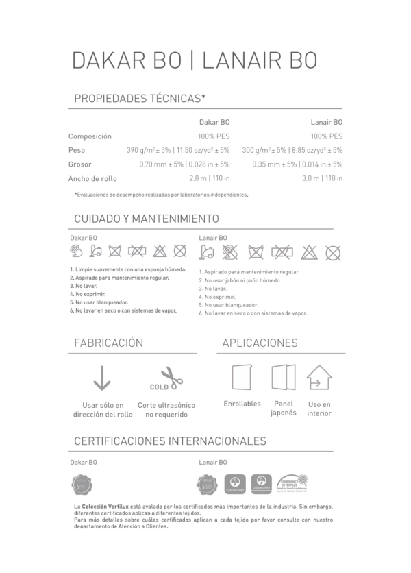 ficha tecnica de la persiana blackout enrollable lanair vertilux con medidas, peso, grosor, ancho y certificaciones internacionales