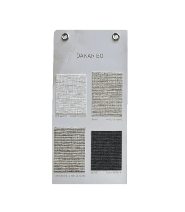 muestrario fisico de la persiana blackout enrollable dakar vertilux con texturas y tejidos realistas