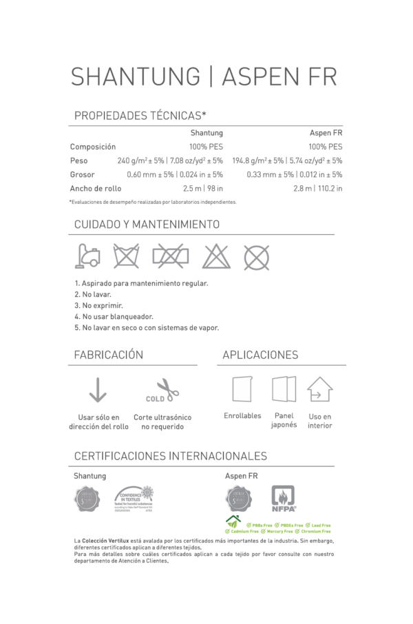 ficha tecnica de las persianas semi traslucidas shantung y aspen vertilux enrollables con peso, medidas, grosor y certificaciones del tejido