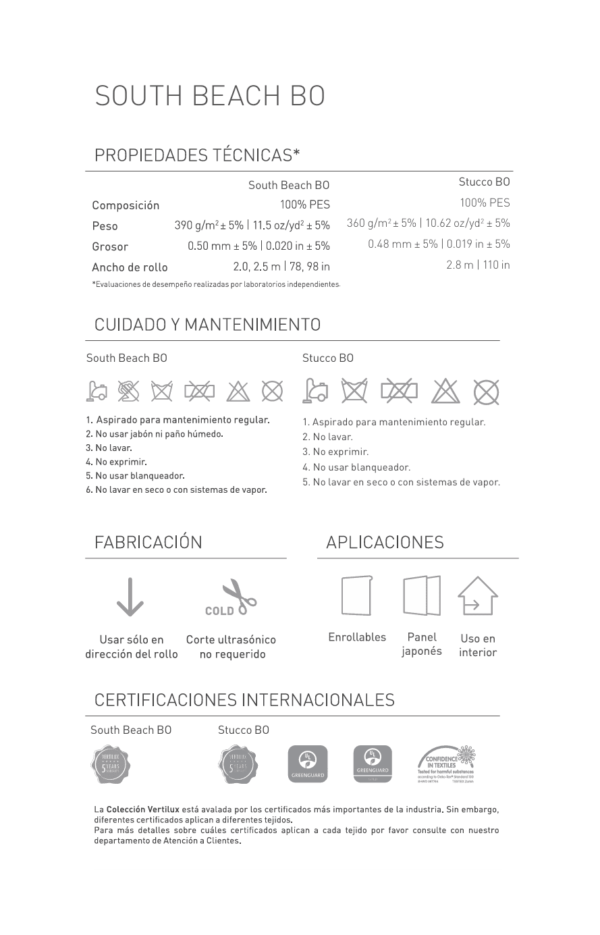ficha teccnica de la persiana blackout enrollable south beach vertilux con medidas, peso por m2, ancho de rollo y certificaciones internacionales