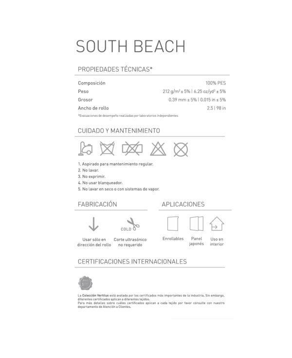 ficha tecnica de las persianas semi traslucidas south beach vertilux enrollables con medidas, peso, grosor de rollo, y certificaciones internacionales
