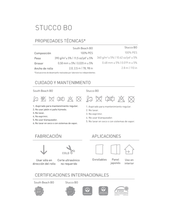 ficha tecnica de las persianas blackout enrollables stucco vertilux con medidas, ancho de rollo, peso y certificaciones internacionales del tejido