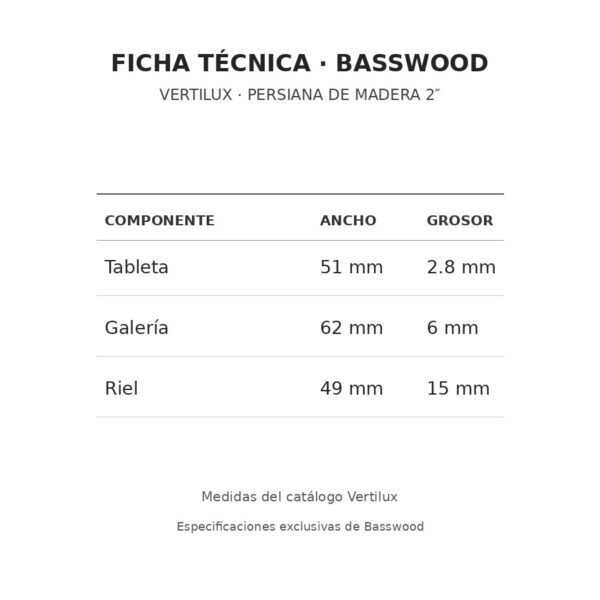 Ficha técnica Basswood Vertilux: tableta, galería y riel Ficha técnica Basswood Vertilux: tableta, galería y riel