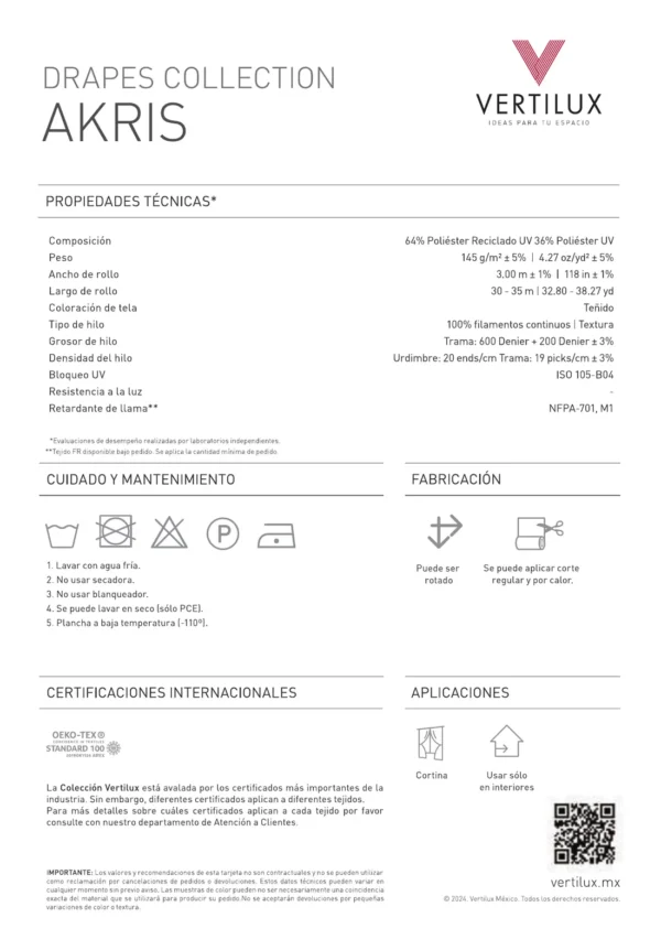 Ficha técnica de la Cortina Vertilux Akris Translúcida