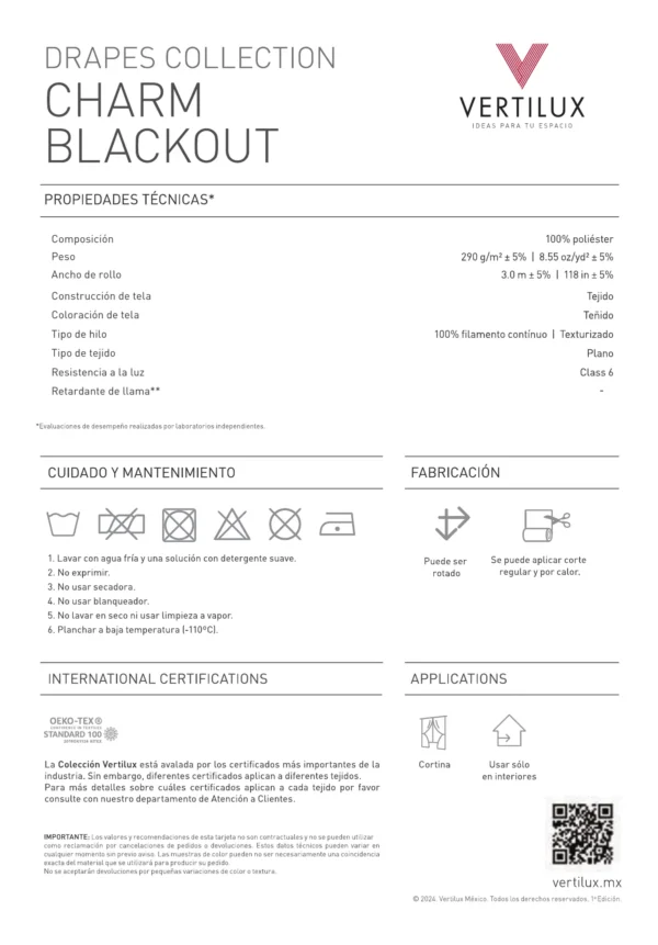 Ficha técnica de la Cortina Vertilux Charm Blackout