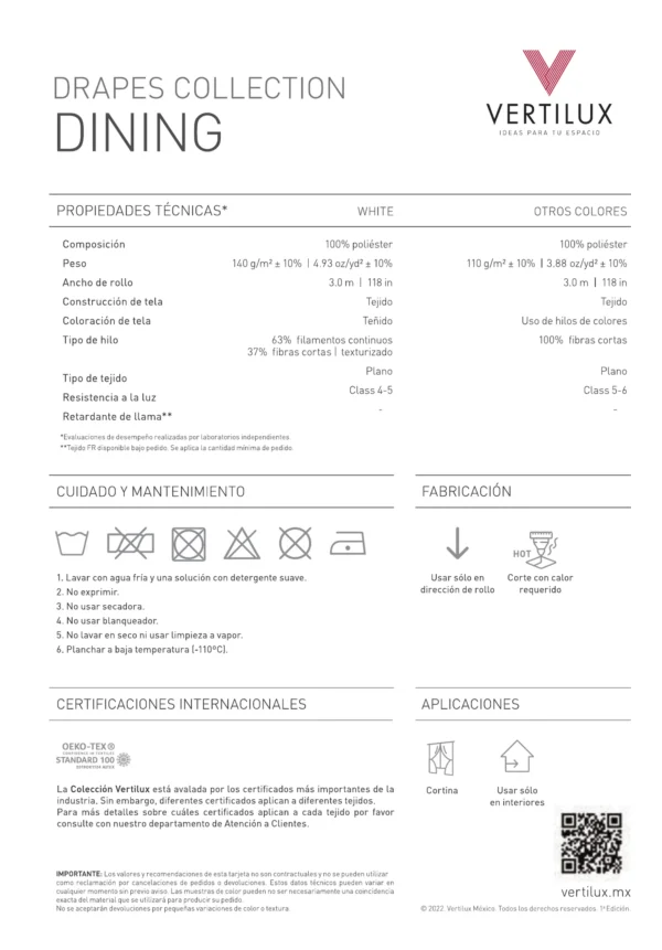 Ficha Técnica de la Cortina Vertilux Dining Translúcida Ficha técnica de la Cortina Vertilux Dining Translúcida