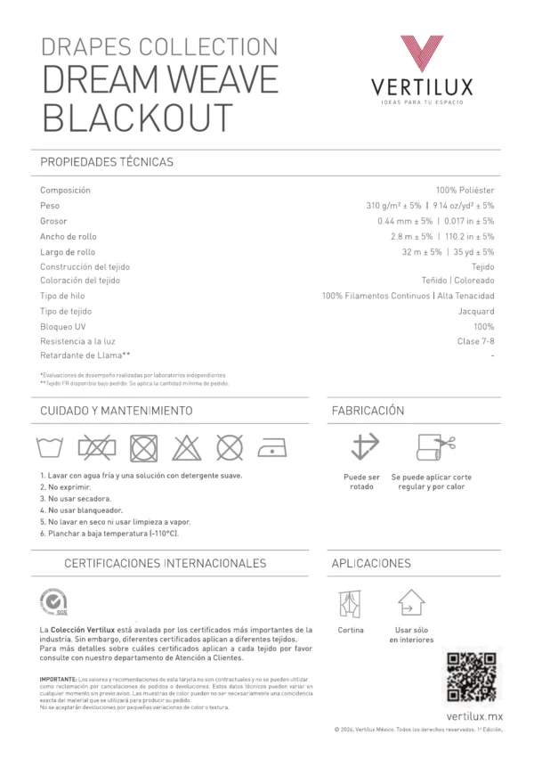 Ficha Técnica de la Cortina Vertilux Dream Weave Blackout Ficha técnica de la Cortina Vertilux Dream Weave Blackout