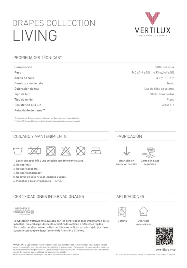 Ficha técnica de la Cortina Vertilux Living Translúcida