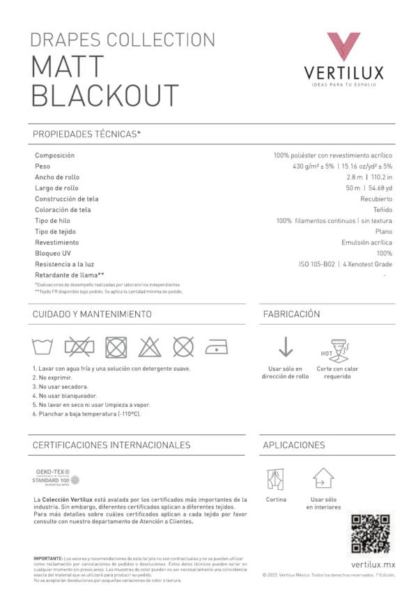 Ficha Técnica de la Cortina Vertilux Matt Blackout Ficha técnica de la Cortina Vertilux Matt Blackout