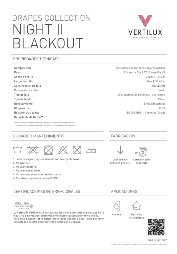 Ficha Técnica de la Cortina Vertilux Night II Blackout Ficha técnica de la Cortina Vertilux Night II Blackout