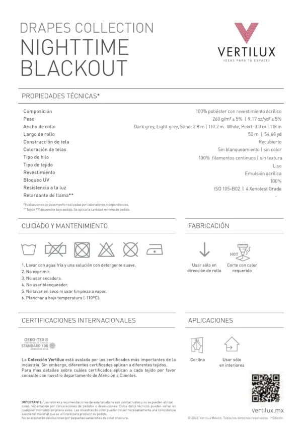 Ficha técnica de la Cortina Vertilux Nighttime Blackout