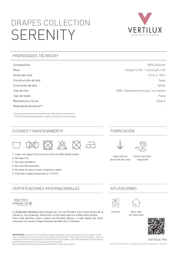 Ficha Técnica de la Cortina Vertilux Serenity Translúcida Ficha técnica de la Cortina Vertilux Serenity Translúcida