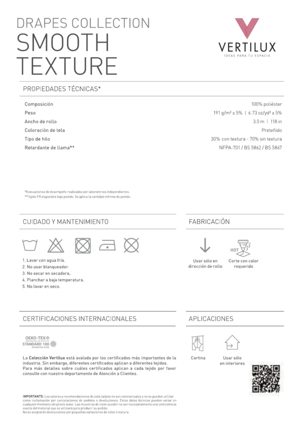 Ficha Técnica de la Cortina Vertilux Smooth Texture Translúcida Ficha técnica de la Cortina Vertilux Smooth Texture Translúcida
