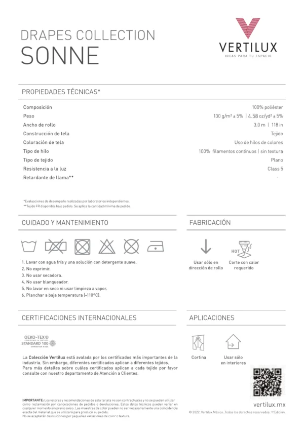 Ficha técnica de la Cortina Vertilux Sonne Translúcida