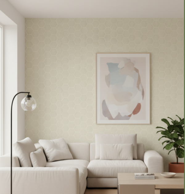 Papel tapiz beige con hexágonos con destellos dorados | Shine 92-2904