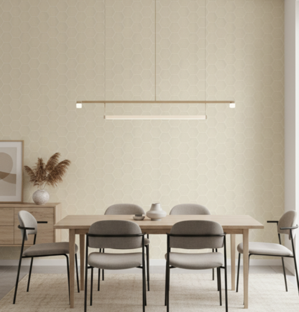 Papel tapiz beige con hexágonos con destellos dorados | Shine 92-2904