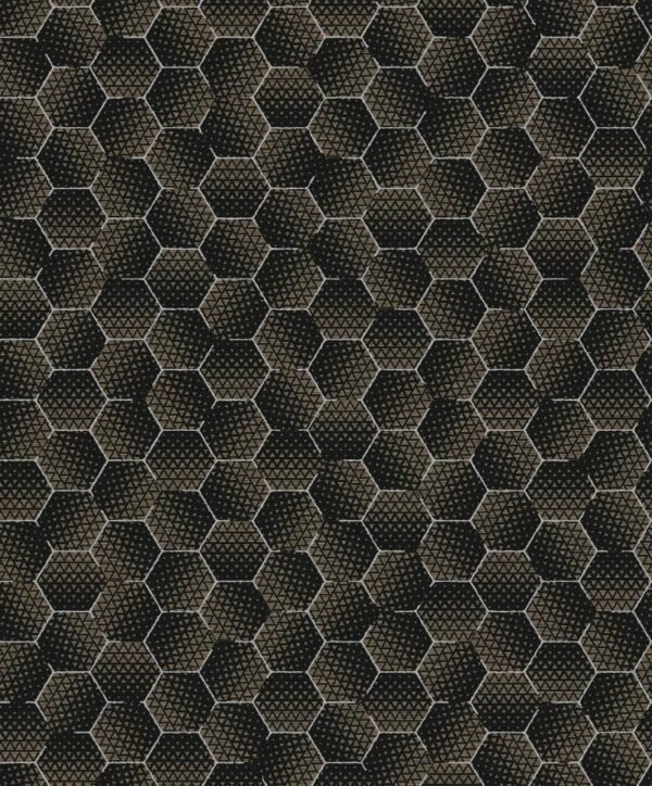 Papel tapiz negro con hexágonos con destellos dorados | Shine 92-2906
