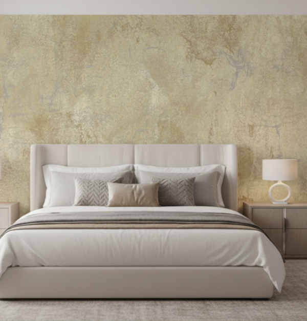 Papel tapiz beige efecto craquelado con destellos dorados para renovar paredes | Matiz 92D-0504