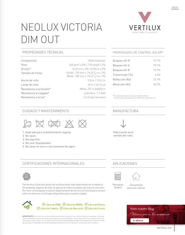 persiana-sheer-victoria-dim-out-ficha-tecnica-vertilux Persiana Dimout Victoria Dim Out White Vertilux