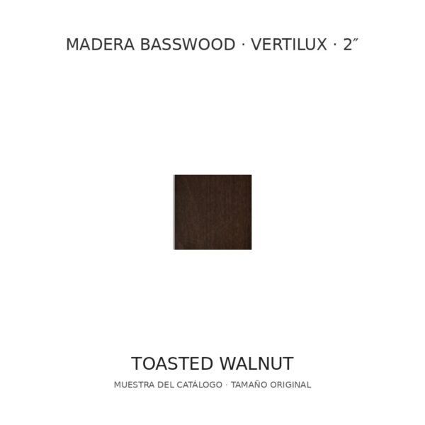 Muestra de madera Basswood Vertilux 2 pulgadas, tono Toasted Walnut Muestra de madera Basswood Vertilux 2 pulgadas, tono Toasted Walnut