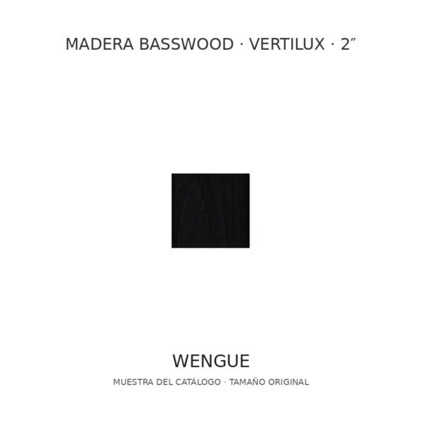 Muestra de madera Basswood Vertilux 2 pulgadas, tono Wengue Muestra de madera Basswood Vertilux 2 pulgadas, tono Wengue